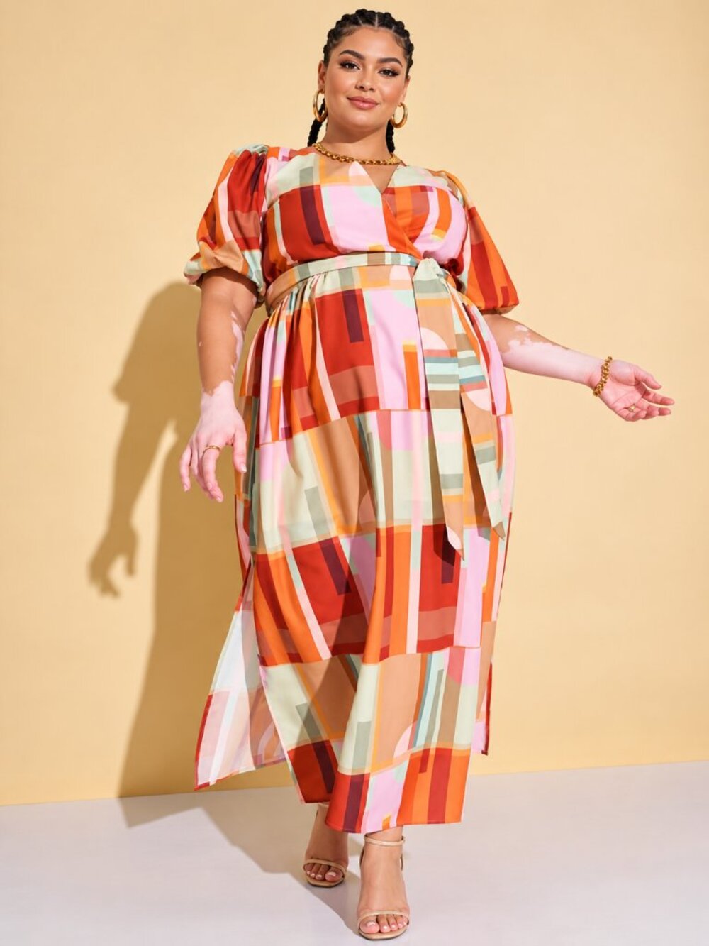 ELOQUII Multicolor Cutout Waist Puff Sleeve A Line Maxi Dress 14 NWT